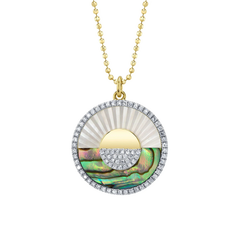 14K Yellow Gold 0.20ct Diamond & 3.06ct Abalone Shell & Mother of Pearl Pave Ribbed Circle Sunrise Sunset Faceted Ball Chain Necklace