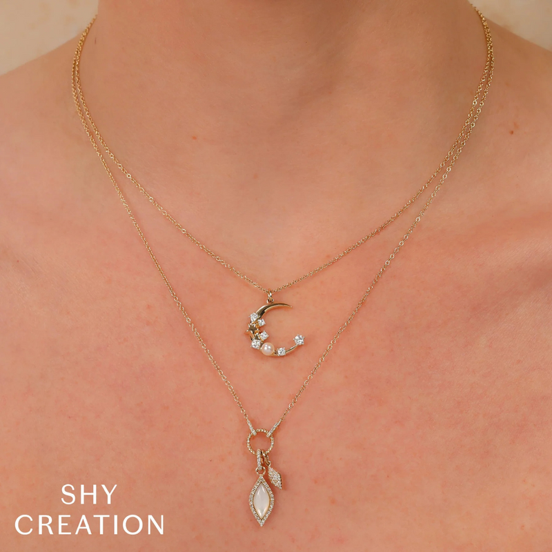 14K Yellow Gold 0.30ct Diamond & Cultured Pearl Crescent Moon & Star Necklace