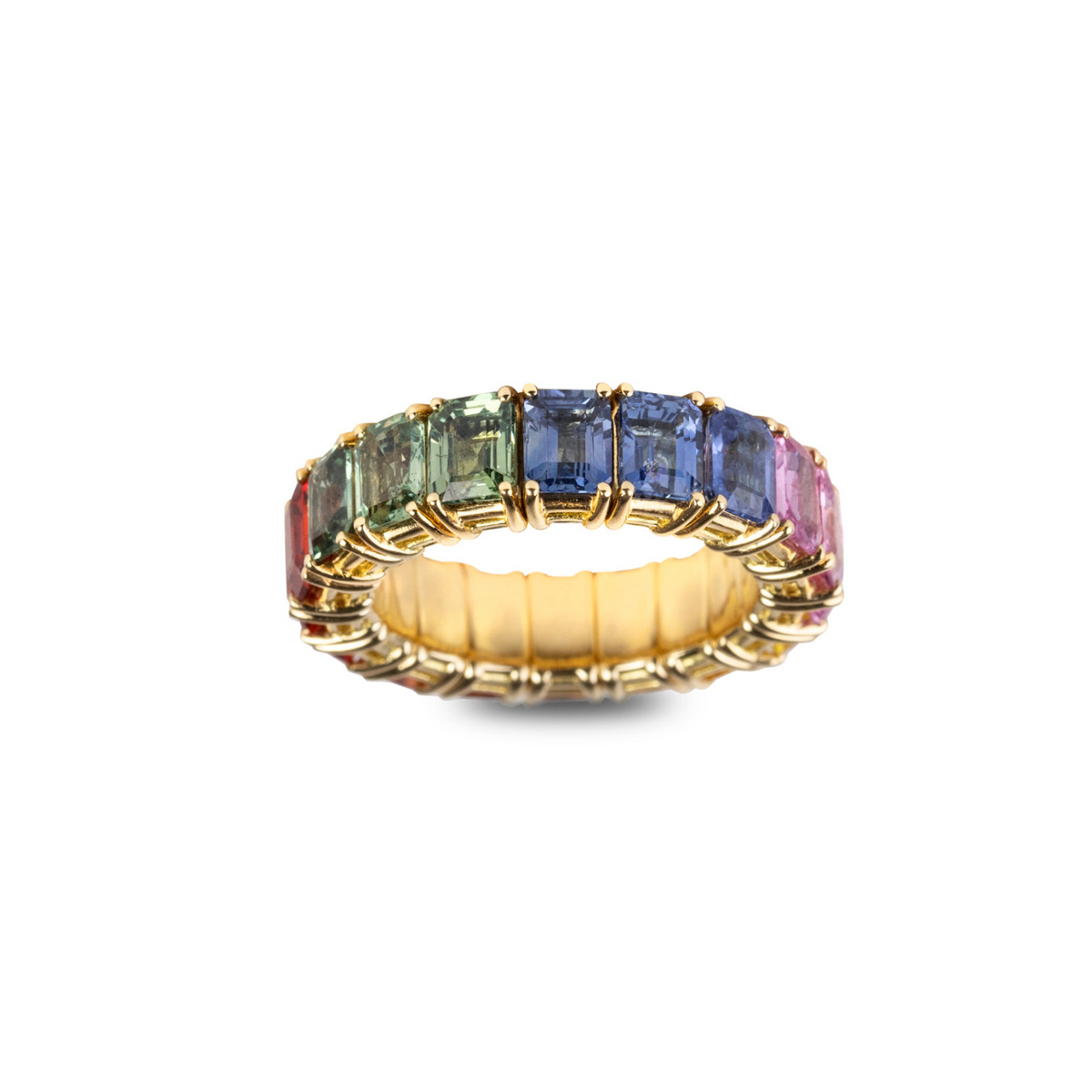 Zydo Italy Jewelry - Sapphires Rainbow 18K Yellow Gold Emerald Cut Stretch Ring | Manfredi Jewels
