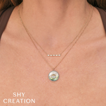 14K Yellow Gold 0.20ct Diamond & 3.06ct Abalone Shell & Mother of Pearl Pave Ribbed Circle Sunrise Sunset Faceted Ball Chain Necklace