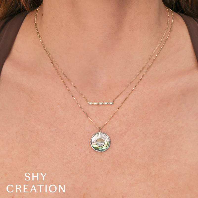 14K Yellow Gold 0.20ct Diamond & 3.06ct Abalone Shell & Mother of Pearl Pave Ribbed Circle Sunrise Sunset Faceted Ball Chain Necklace