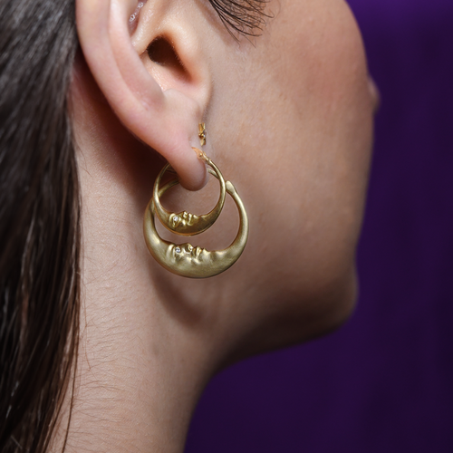 Crescent Moonface 18K Yellow Gold Large Hoop Earrings