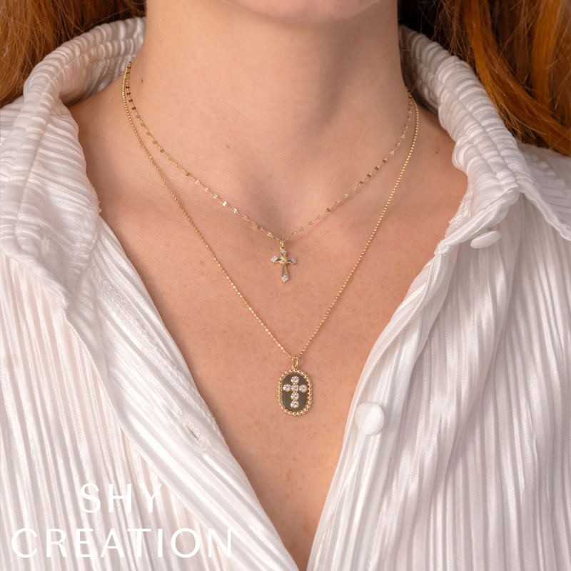 14K Yellow Gold 0.21ct Diamond Cross Oval Faceted Ball Chain Necklace