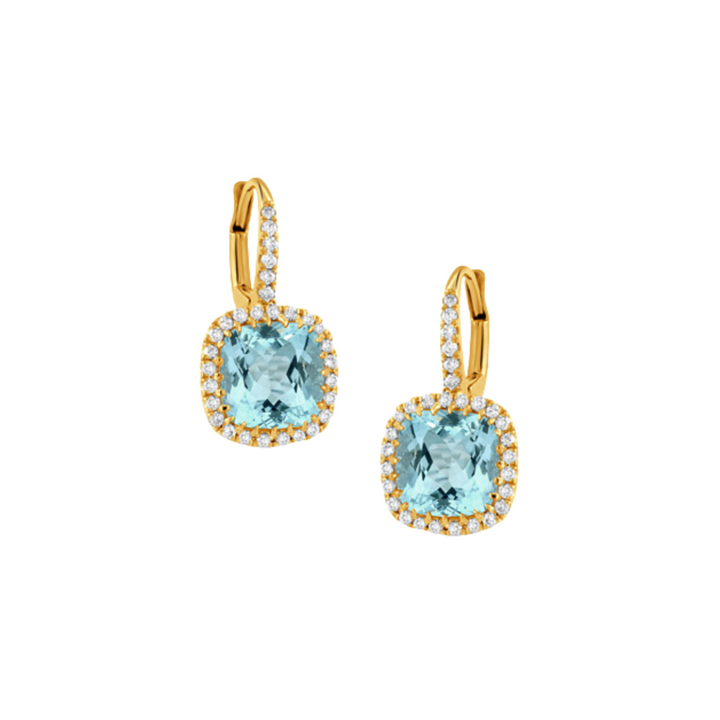 Doves Jewelry - 18K Yellow Gold Diamond Earrings with Sky Blue Topaz Center | Manfredi Jewels
