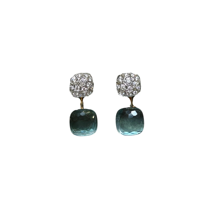 Estate 18K Rose & White Gold Pomellato Diamond & Blue Topaz Double Nudo Earring