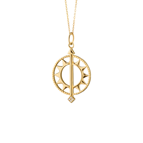"Time is Precious" Open Sundial 18K Gold Necklace with Diamond Tip