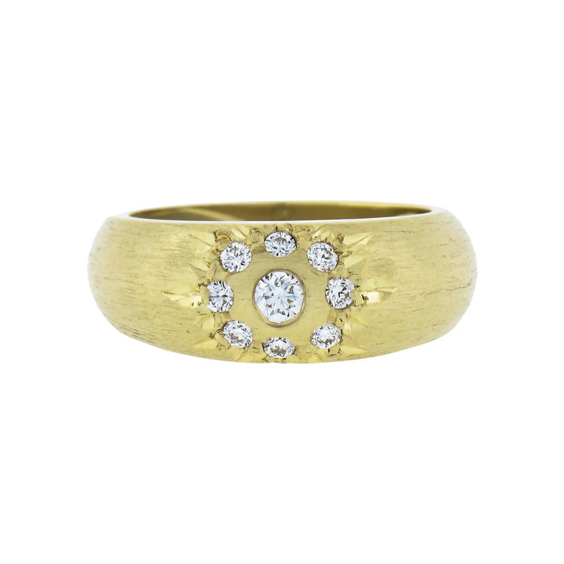 14K Yellow Gold Star Pave Set Diamond Cluster Textured Band Ring
