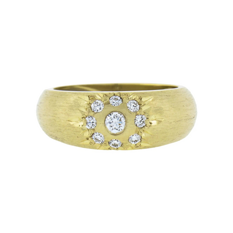 14K Yellow Gold Star Pave Set Diamond Cluster Textured Band Ring