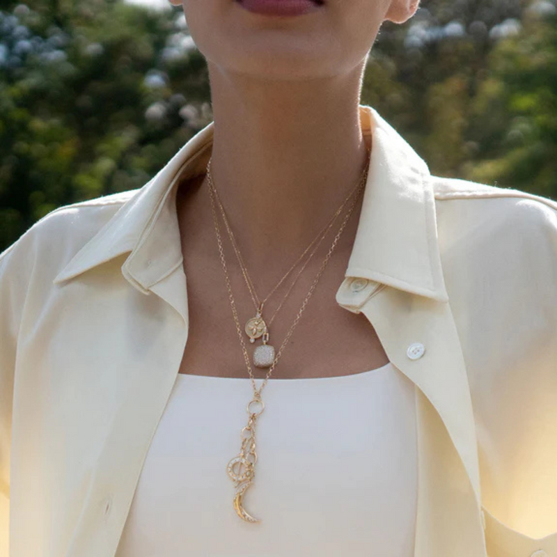 18K Yellow Gold Slim "Rae" Locket Necklace with White Diamonds