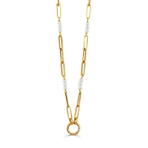 Fancy 18K Yellow Gold Mixed Oval Link and Pearl Chain Necklace
