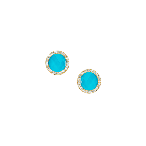 18K Yellow Gold & Diamond Round Turquoise Earrings