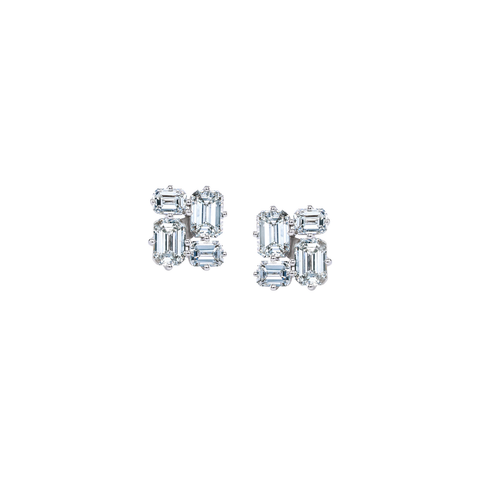 18K White Gold Emerald Cut Cluster Earring