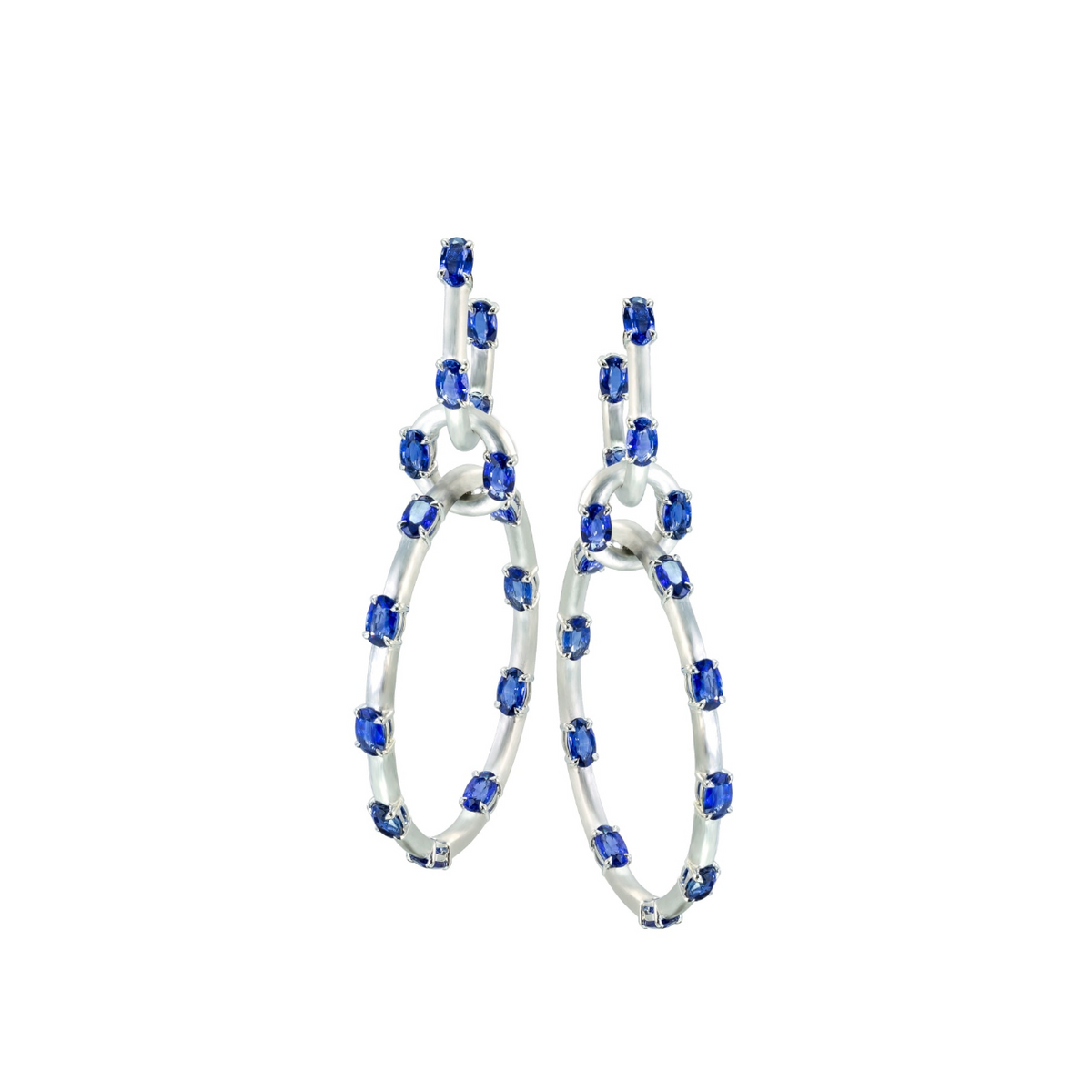 Etho Maria Jewelry - Dolce 18K White Gold Satin Finish Blue Sapphires Hoop Drop Earrings | Manfredi Jewels