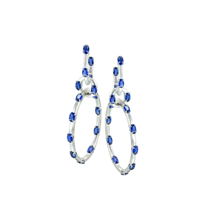 Etho Maria Jewelry - Dolce 18K White Gold Satin Finish Blue Sapphires Hoop Drop Earrings | Manfredi Jewels
