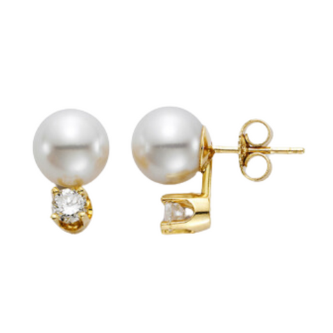 Akoya Pearl 18K White Gold 8-8.5mm White AA Pearl Stud Earrings set with Round Brilliant Cut Diamonds