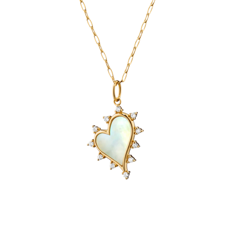 18K Yellow Gold Mother of Pearl White Heart Necklace with Diamonds