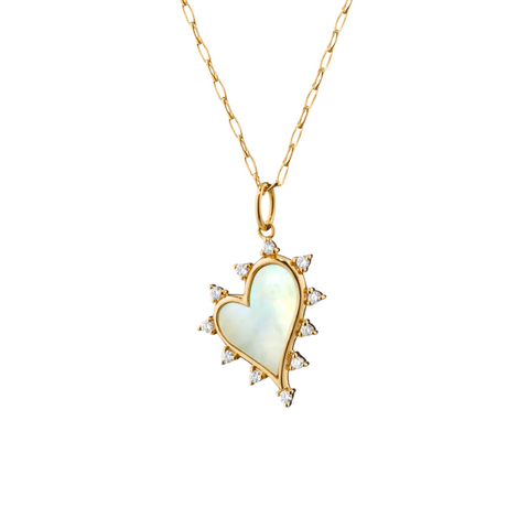 18K Yellow Gold Mother of Pearl White Heart Necklace with Diamonds