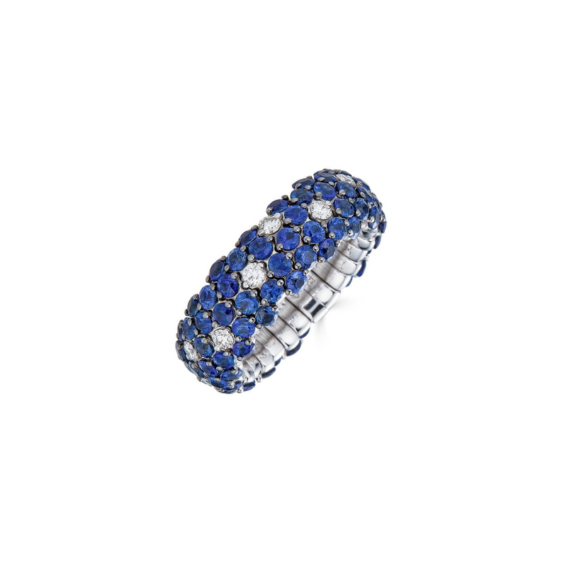 Zydo Italy Jewelry - Blue Sapphire 18K White Gold Domed Diamond Stretch Ring | Manfredi Jewels