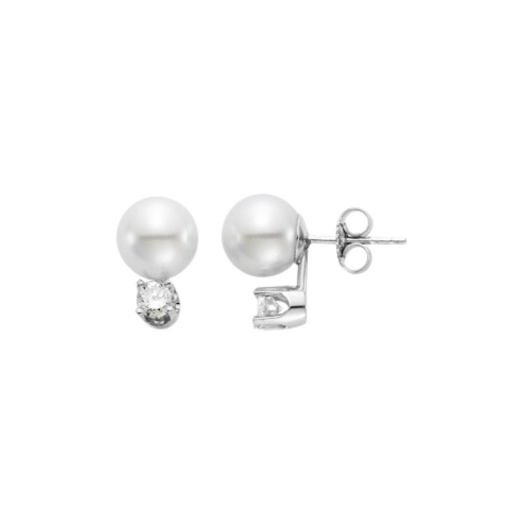 Mastoloni - Akoya Pearl 14K White Gold 8.5-9mm White AA Pearl Stud Earrings set with Round Brilliant Cut Diamonds | Manfredi Jewels