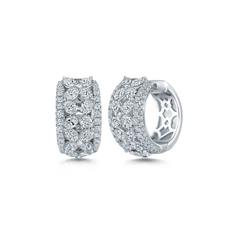 18K White Gold Round & Oval Cut Diamond Hoop Earrings