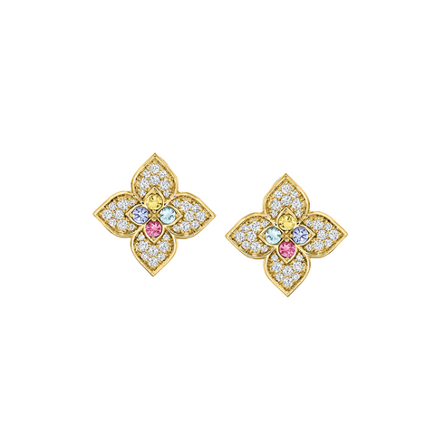 18K Rose Gold Venetian Princess Earrings with Diamonds, Ruby, Citrine, Blue Topaz, & Tanzanite