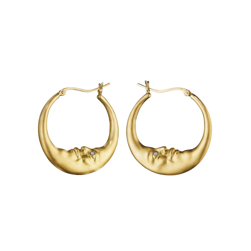 Crescent Moonface 18K Yellow Gold Large Hoop Earrings