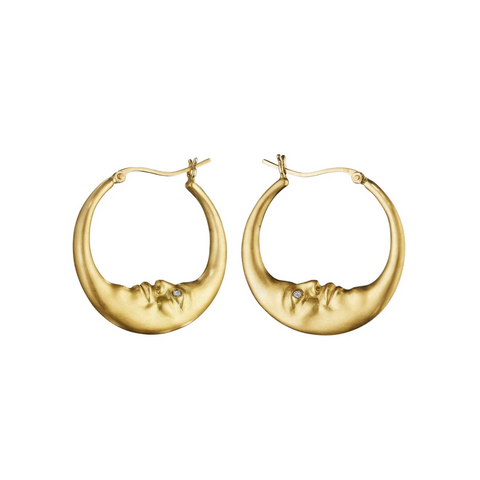 Crescent Moonface 18K Yellow Gold Large Hoop Earrings