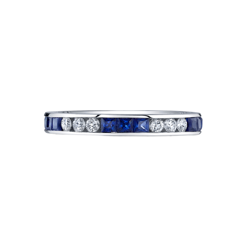 18K White Gold Princess Cut Blue Sapphire & Round Diamond Channel Set Eternity Band