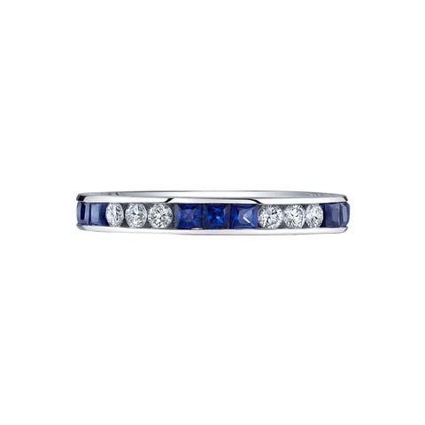 18K White Gold Princess Cut Blue Sapphire & Round Diamond Channel Set Eternity Band