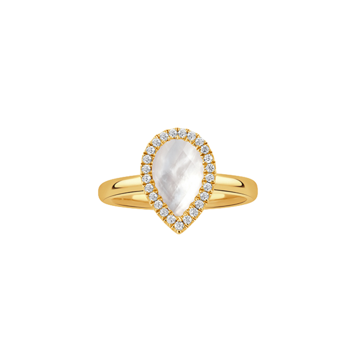 Doves Jewelry - 18K Yellow Gold Diamond Ring With Clear Quartz Over White Mother Of Pearl | Manfredi Jewels