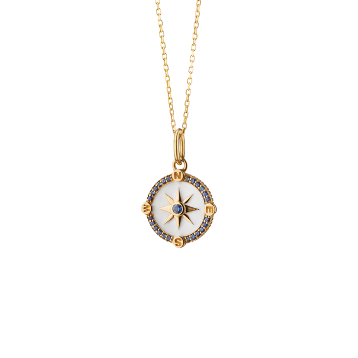Monica Rich Kosann Jewelry - 18K Yellow Gold Mini ’Adventure’ Compass Necklace with White Enamel and Blue Sapphires | Manfredi Jewels