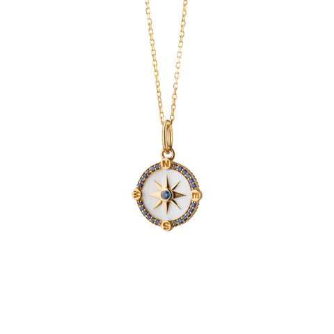 18K Yellow Gold Mini "Adventure" Compass Necklace with White Enamel and Blue Sapphires