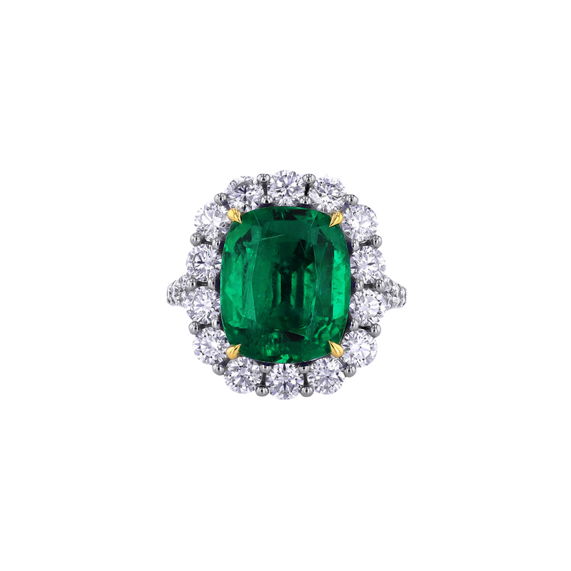 Manfredi Jewels - 18K White Gold Diamond Emerald & Platinum Cushion Cut Ring with Diamond Halo | Manfredi Jewels