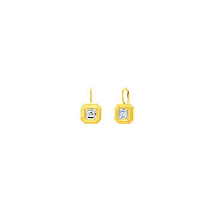 Rahaminov Diamonds - 18K Yellow Gold Asscher Cut Bezel Set Diamond Drop Earrings | Manfredi Jewels
