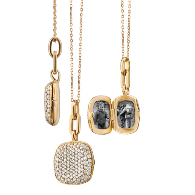 18K Yellow Gold Slim "Rae" Locket Necklace with White Diamonds