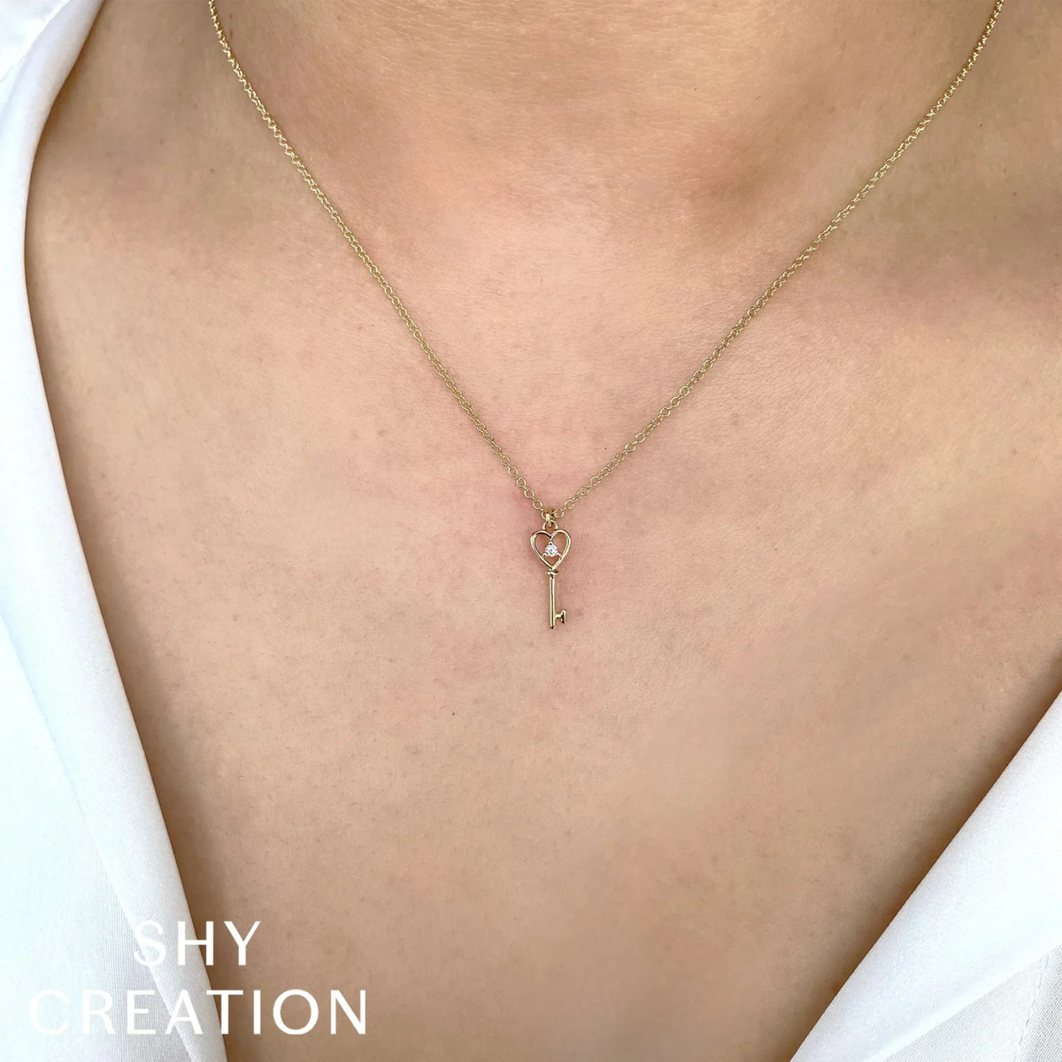 14K Yellow Gold Diamond Heart Key Pendant Necklace