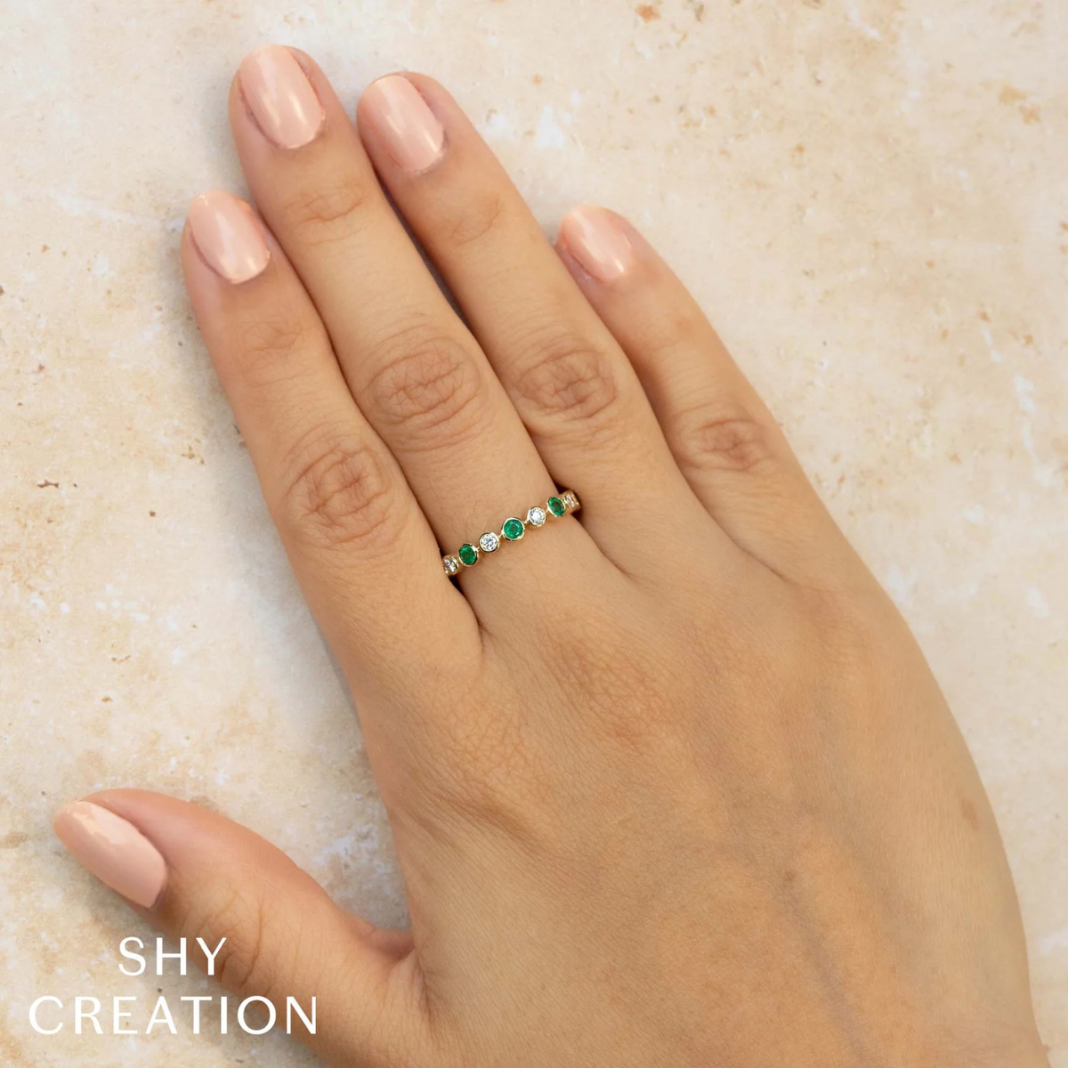 14K Yellow Gold, Diamond, & Emerald Bezel Set Ring