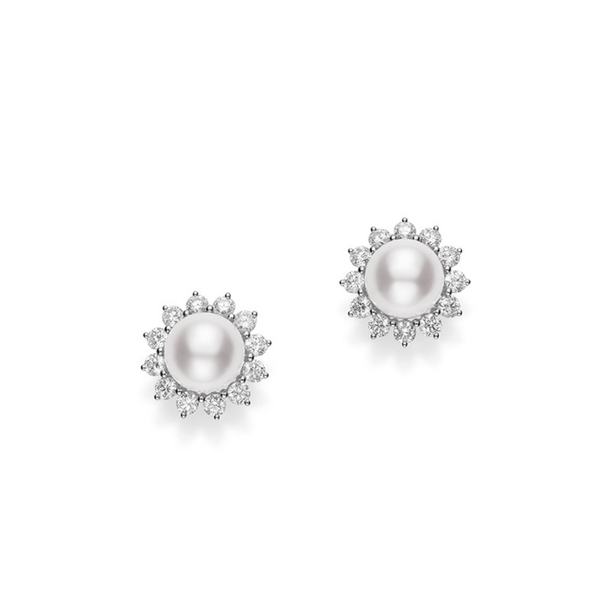 Mikimoto Jewelry - Classic Elegance 18K White Gold White Akoya Cultured Pearl & Diamond Halo Earrings | Manfredi Jewels