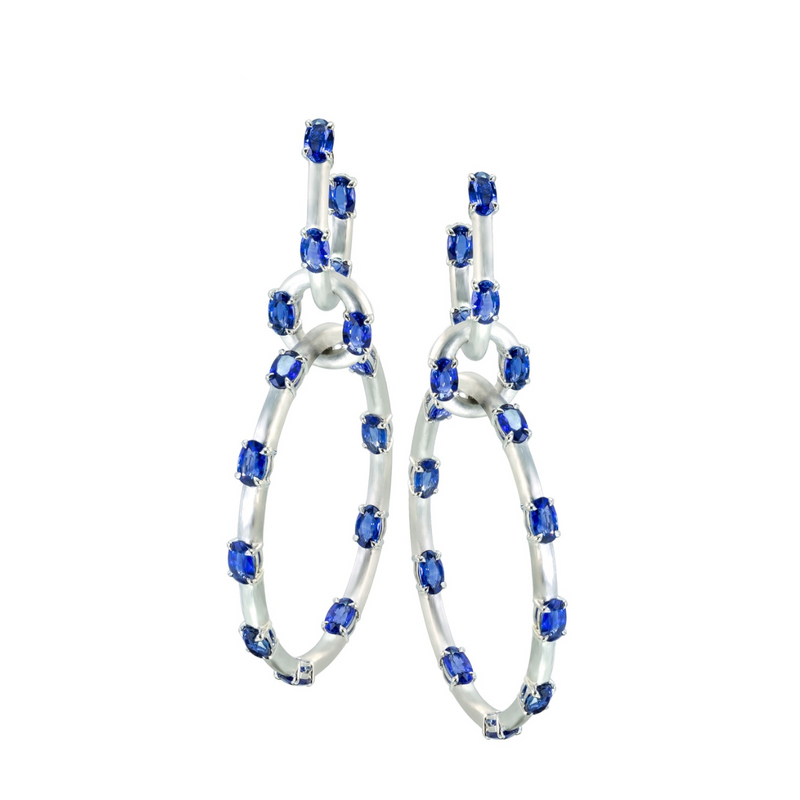 Dolce 18K White Gold Satin Finish Blue Sapphires Hoop Drop Earrings
