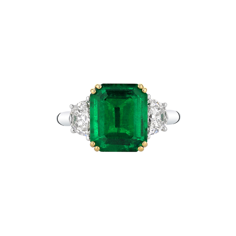 Platinum & 18K Yellow Gold Three-Stone Ring with Emerald and Half Moon Diamonds
