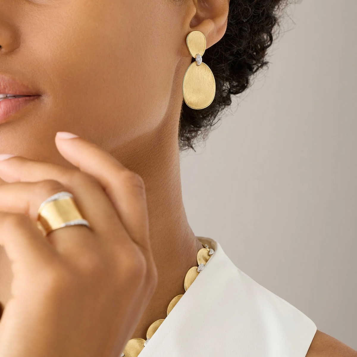 Marco Bicego Jewelry - Lunaria 18K Yellow Gold Two-Drop Earrings With Diamond Accents | Manfredi Jewels
