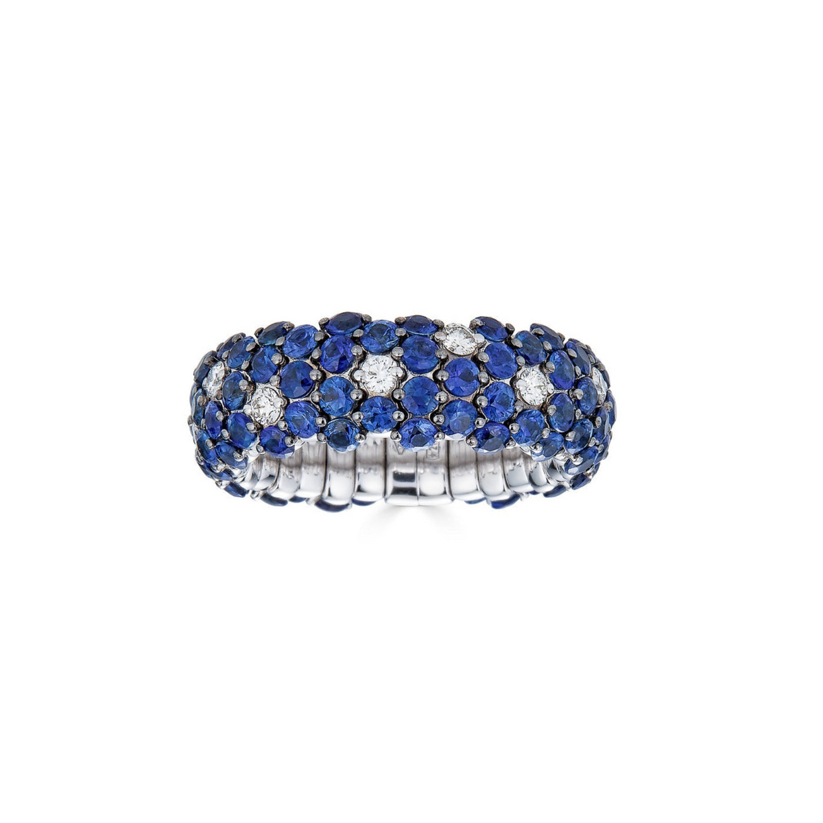 Zydo Italy Jewelry - Blue Sapphire 18K White Gold Domed Diamond Stretch Ring | Manfredi Jewels