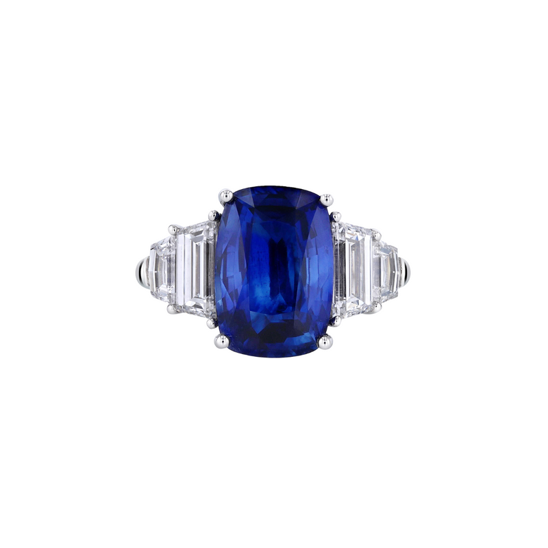 Manfredi Jewels Jewelry - Platinum 5-Stone Ring with a Cushion Cut Sapphire and Mixed Diamond Accents | Manfredi Jewels