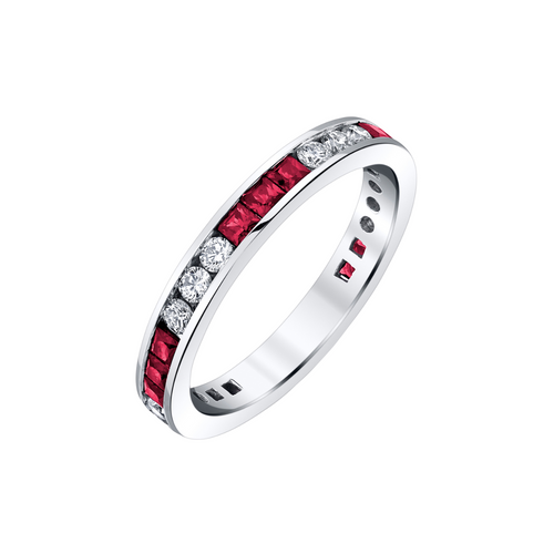 18K White Gold Princess Cut Ruby & Round Diamond Channel Set Eternity Band