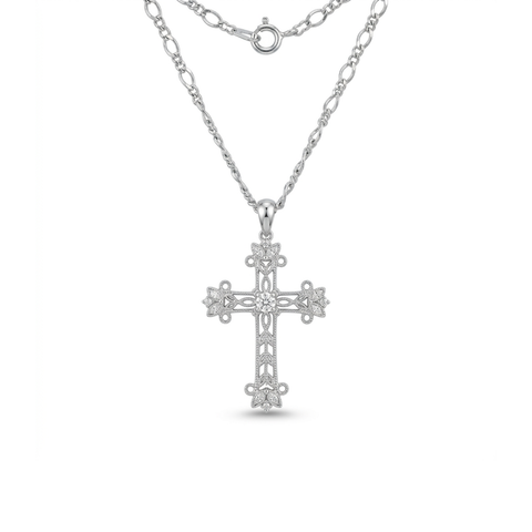 Estate 14K White Gold & Diamond Filigree Cross Necklace