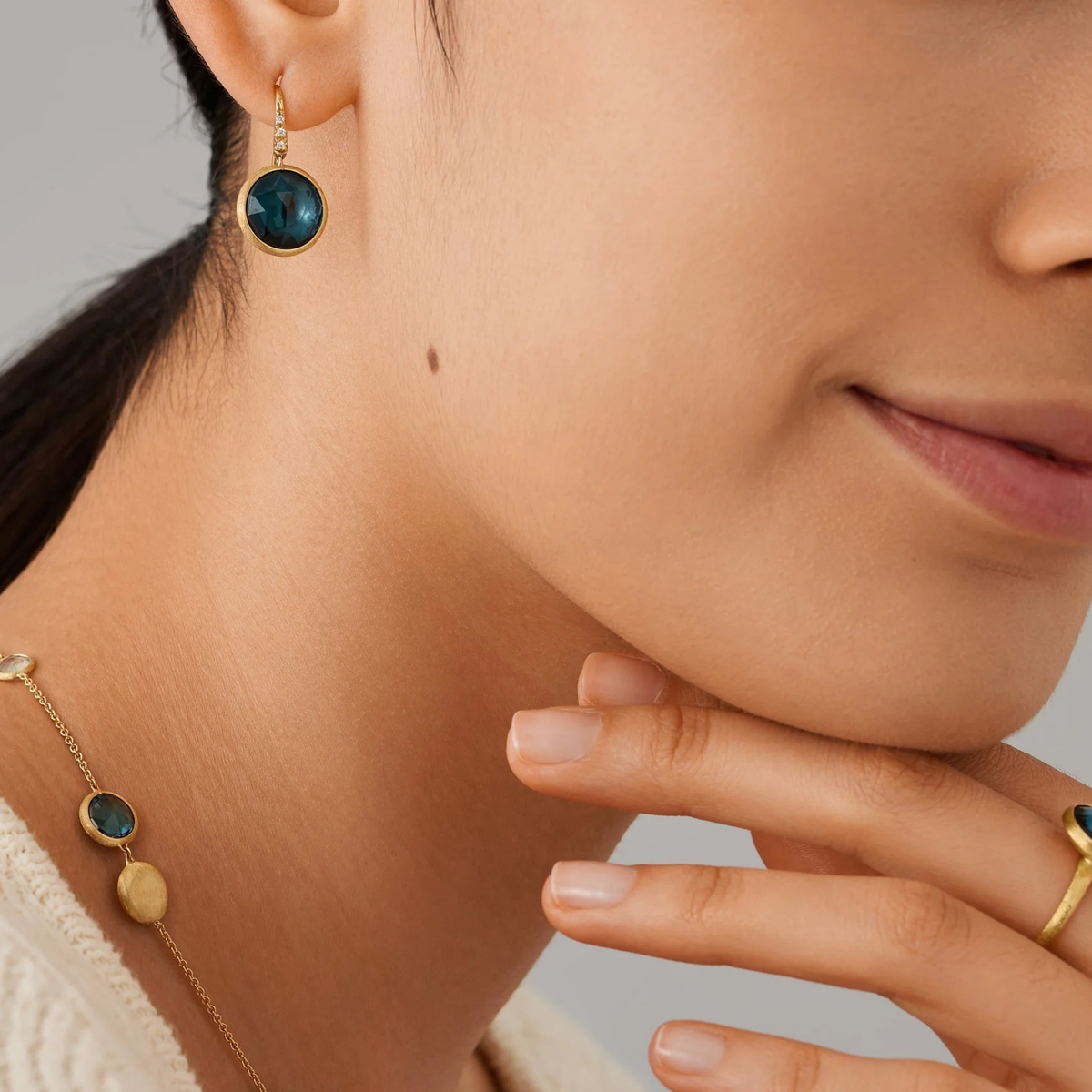 Marco Bicego Jewelry - Jaipur Color 18K Yellow Gold London Blue Topaz Small Drop Diamond Earrings | Manfredi Jewels