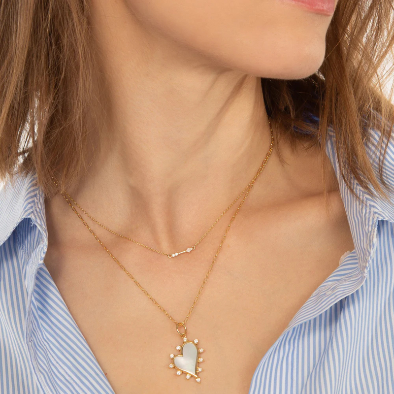18K Yellow Gold Mother of Pearl White Heart Necklace with Diamonds
