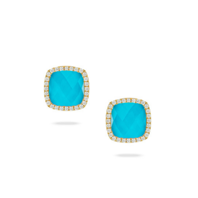 St. Barths 18K Yellow Gold Quartz Over Turquoise Diamond Halo Earring