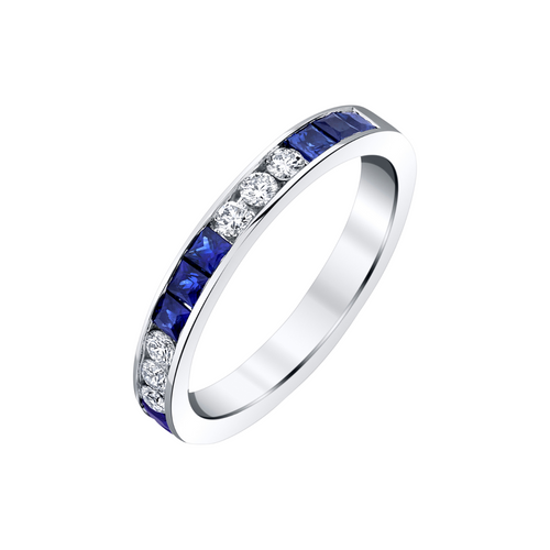 18K White Gold Princess Cut Blue Sapphire & Round Diamond Channel Set Eternity Band