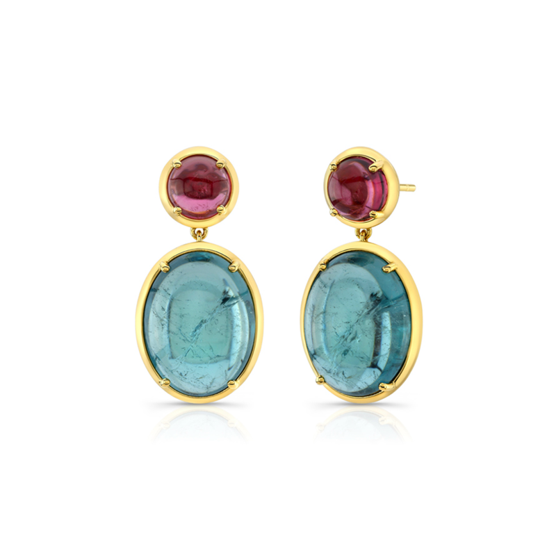 18K Yellow Gold Oval Cabochon Mixed Tourmaline Drop Earrings